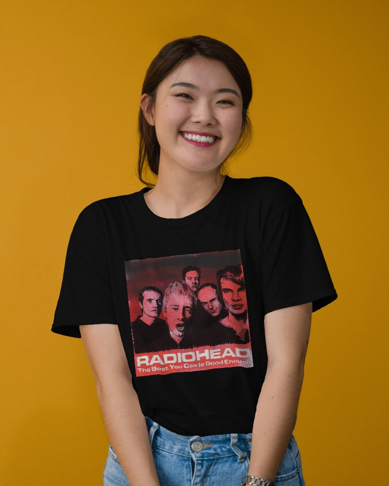 Black oversized t-shirt from Nitorious Atelier featuring a striking Radiohead graphic. Made from premium cotton, this t-shirt provides a comfortable and edgy look for fans of the legendary band.