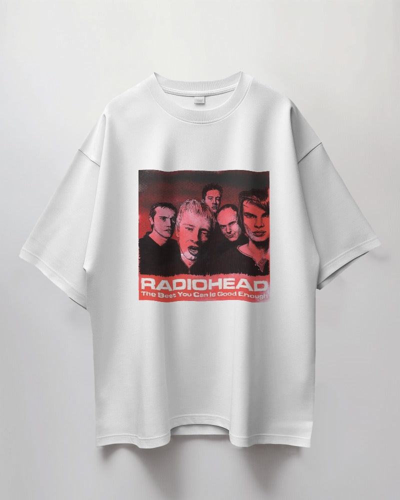 White oversized t-shirt from Nitorious Atelier featuring a bold Radiohead graphic. Made from premium cotton, this t-shirt offers a comfortable and stylish fit perfect for fans of the iconic band.