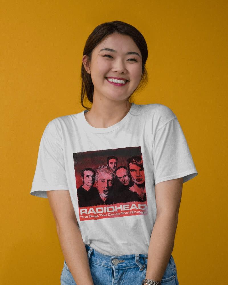 White oversized t-shirt from Nitorious Atelier featuring a bold Radiohead graphic. Made from premium cotton, this t-shirt offers a comfortable and stylish fit perfect for fans of the iconic band.
