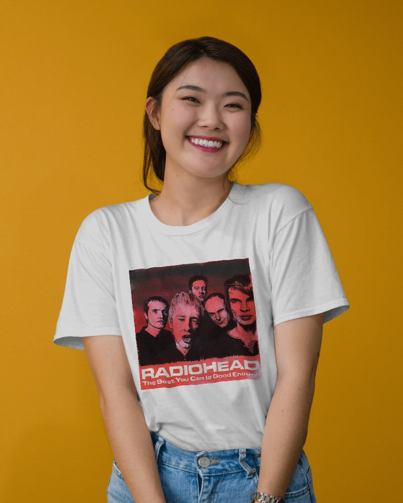 White oversized t-shirt from Nitorious Atelier featuring a bold Radiohead graphic. Made from premium cotton, this t-shirt offers a comfortable and stylish fit perfect for fans of the iconic band.