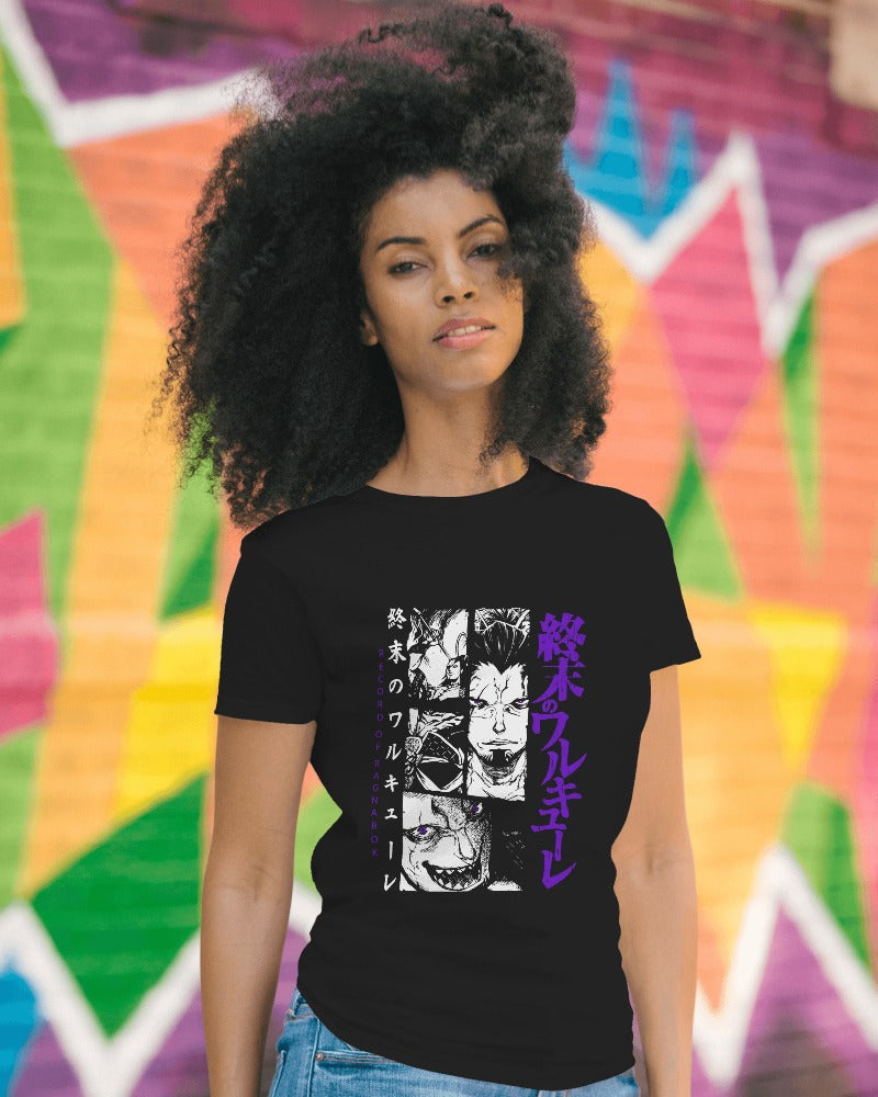 Black regular fit t-shirt from Nitorious Atelier featuring a striking 'Record of Ragnarok' graphic print. Crafted from premium cotton, this t-shirt offers comfort and bold style, perfect for fans of the epic manga series