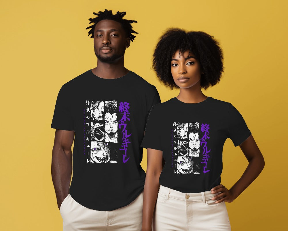 Black regular fit t-shirt from Nitorious Atelier featuring a striking 'Record of Ragnarok' graphic print. Crafted from premium cotton, this t-shirt offers comfort and bold style, perfect for fans of the epic manga series