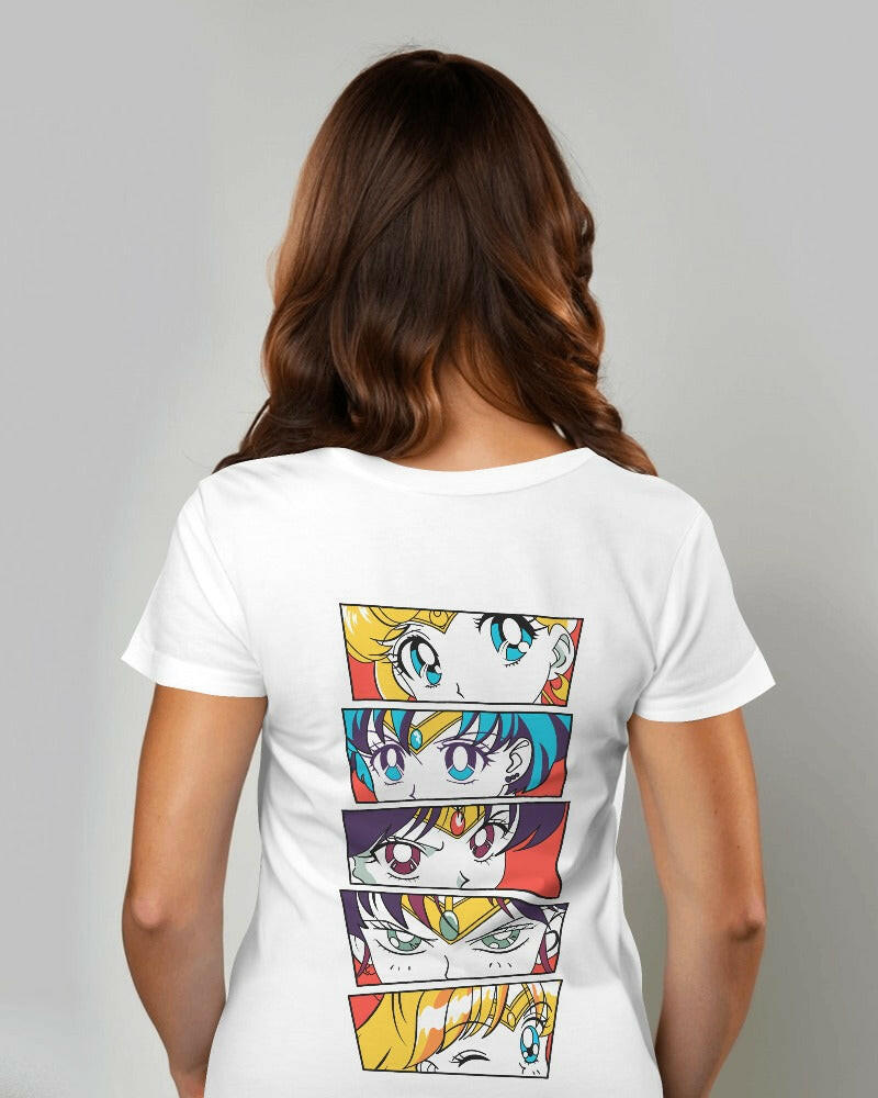 Sailor Senshi t-shirt from Nitorious Atelier featuring a bold, vibrant graphic inspired by classic anime. Made with premium cotton, this t-shirt offers a comfortable fit and eye-catching design perfect for anime fans.