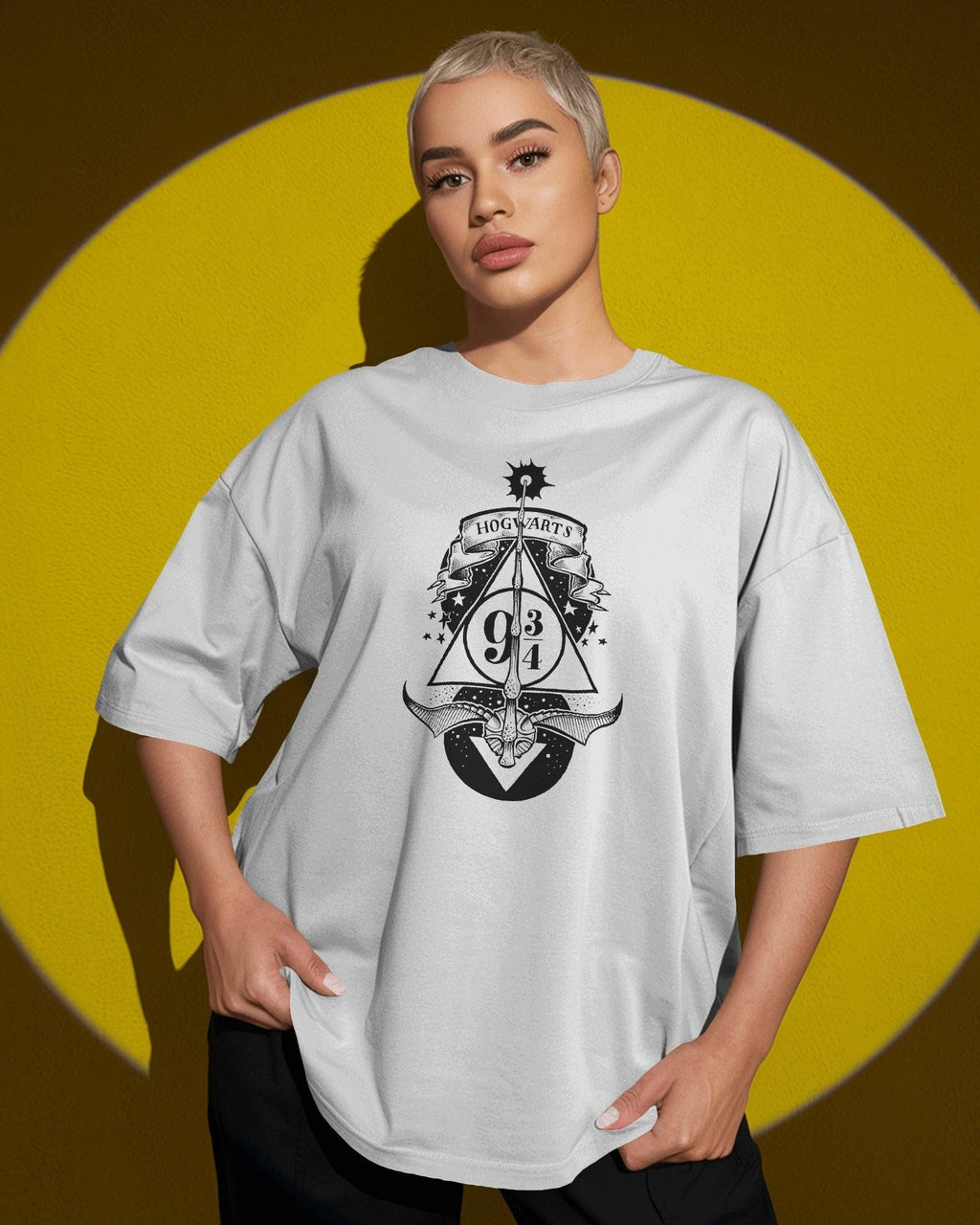Oversized white Harry Potter t-shirt from Nitorious Atelier featuring a magical graphic design. Made from premium cotton, this t-shirt provides a comfortable and enchanting fit for every fan.