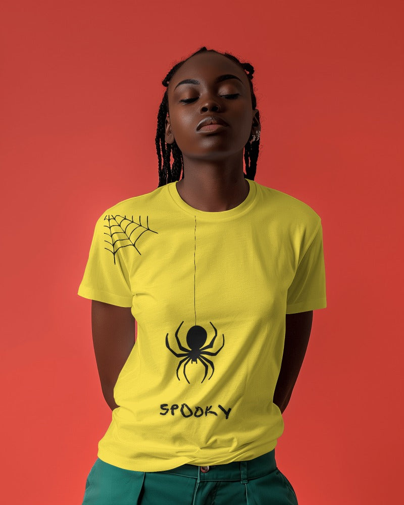 Spooky yellow regular fit t-shirt from Nitorious Atelier. Featuring a fun and eerie spooky graphic, this t-shirt is made from premium cotton for a comfortable and durable wear. Perfect for adding a touch of Halloween spirit to your wardrobe.