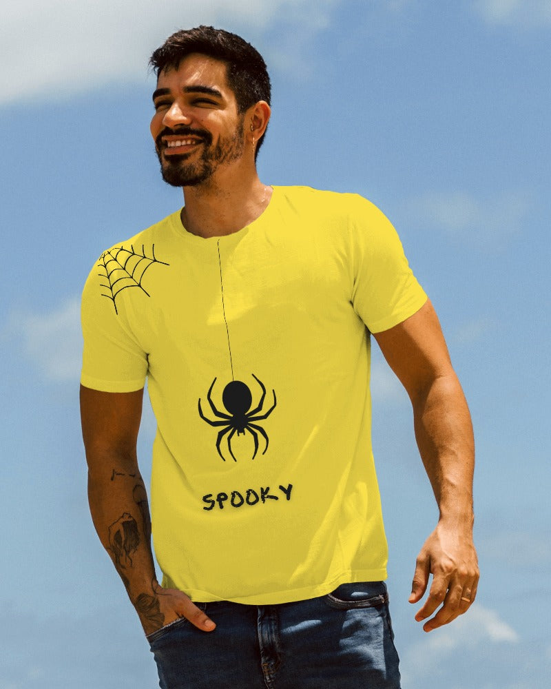 Spooky yellow regular fit t-shirt from Nitorious Atelier. Featuring a fun and eerie spooky graphic, this t-shirt is made from premium cotton for a comfortable and durable wear. Perfect for adding a touch of Halloween spirit to your wardrobe.