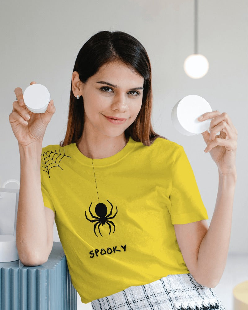 Spooky yellow regular fit t-shirt from Nitorious Atelier. Featuring a fun and eerie spooky graphic, this t-shirt is made from premium cotton for a comfortable and durable wear. Perfect for adding a touch of Halloween spirit to your wardrobe.