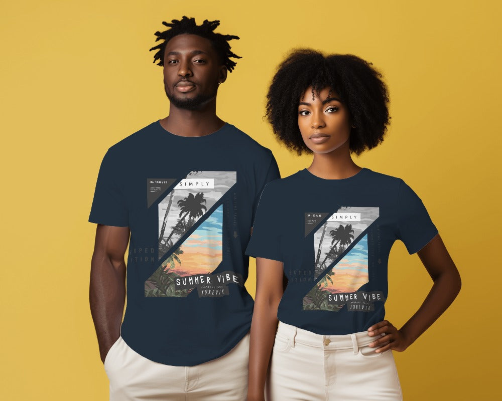 Dark blue t-shirt with a vibrant 'Summer Vibes' graphic, made from premium cotton, perfect for a stylish and comfortable summer look.