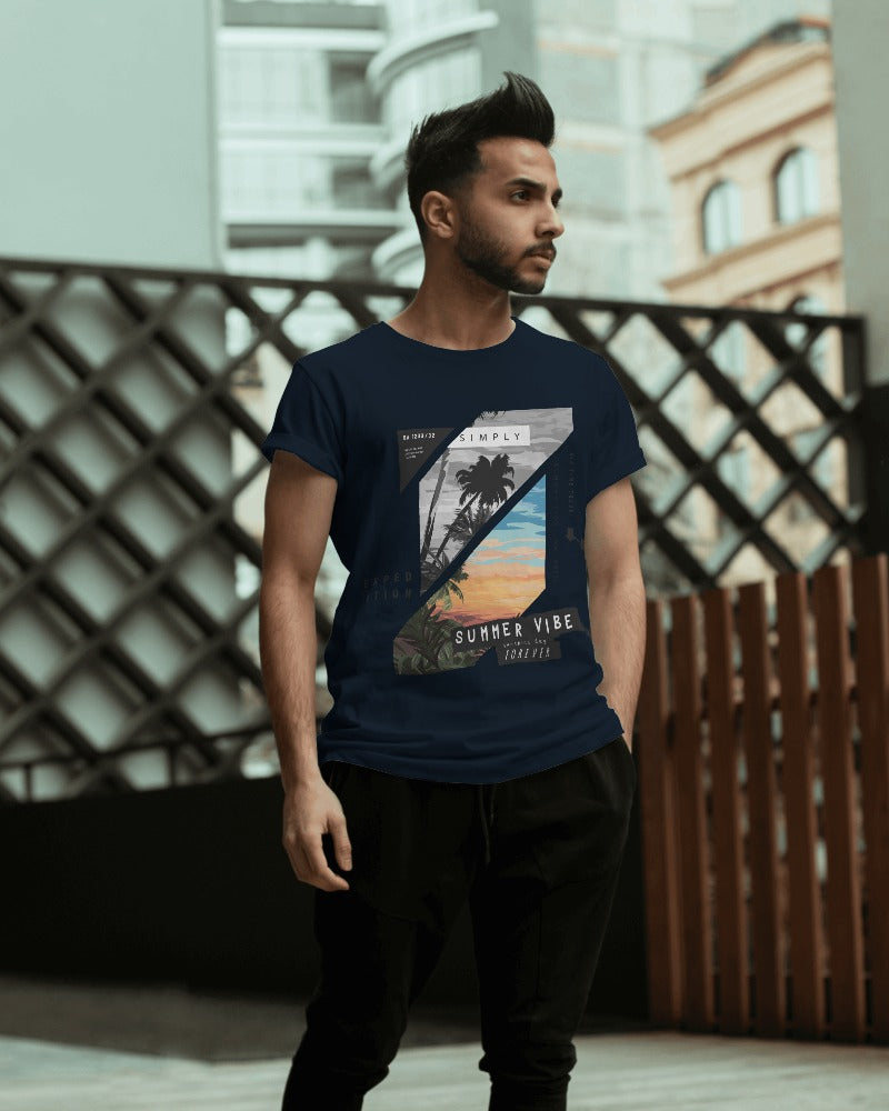 Dark blue t-shirt with a vibrant 'Summer Vibes' graphic, made from premium cotton, perfect for a stylish and comfortable summer look.