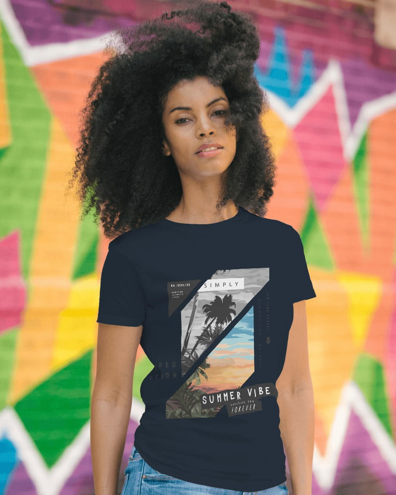 Dark blue t-shirt with a vibrant 'Summer Vibes' graphic, made from premium cotton, perfect for a stylish and comfortable summer look.