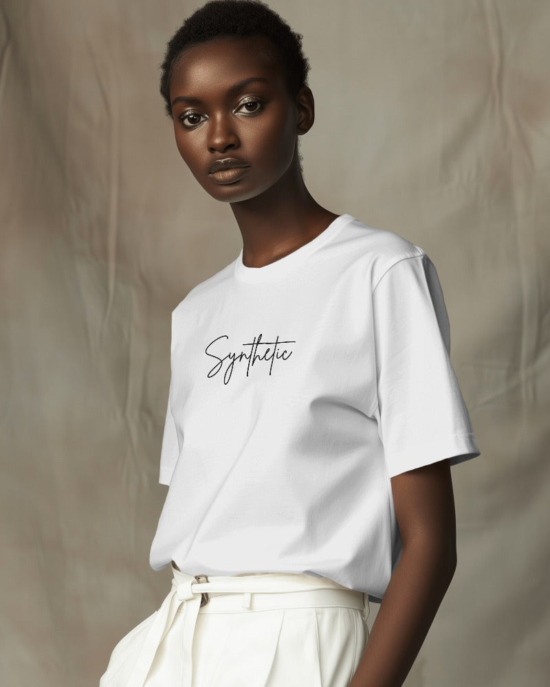 White oversized synthetic t-shirt from Nitorious Atelier. This stylish and comfortable t-shirt is perfect for a casual look, featuring a soft and lightweight synthetic fabric for a relaxed fit.