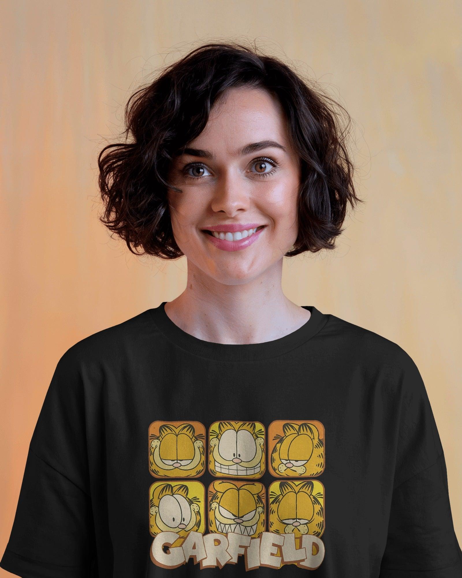 Black oversized t-shirt featuring a bold Garfield graphic print. Made from premium cotton, this t-shirt offers a relaxed fit, soft comfort, and a stylish streetwear vibe
