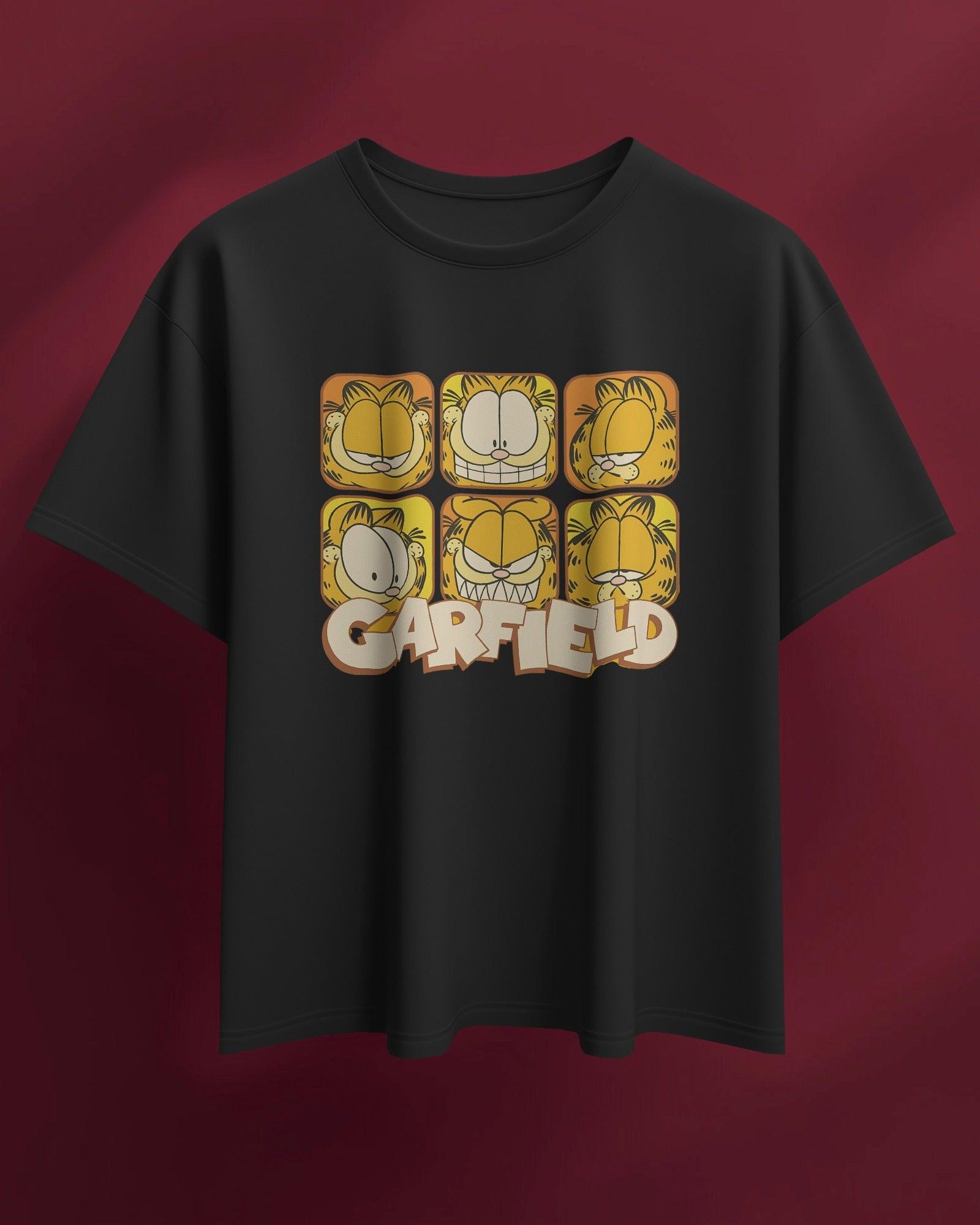 Black oversized t-shirt featuring a bold Garfield graphic print. Made from premium cotton, this t-shirt offers a relaxed fit, soft comfort, and a stylish streetwear vibe.