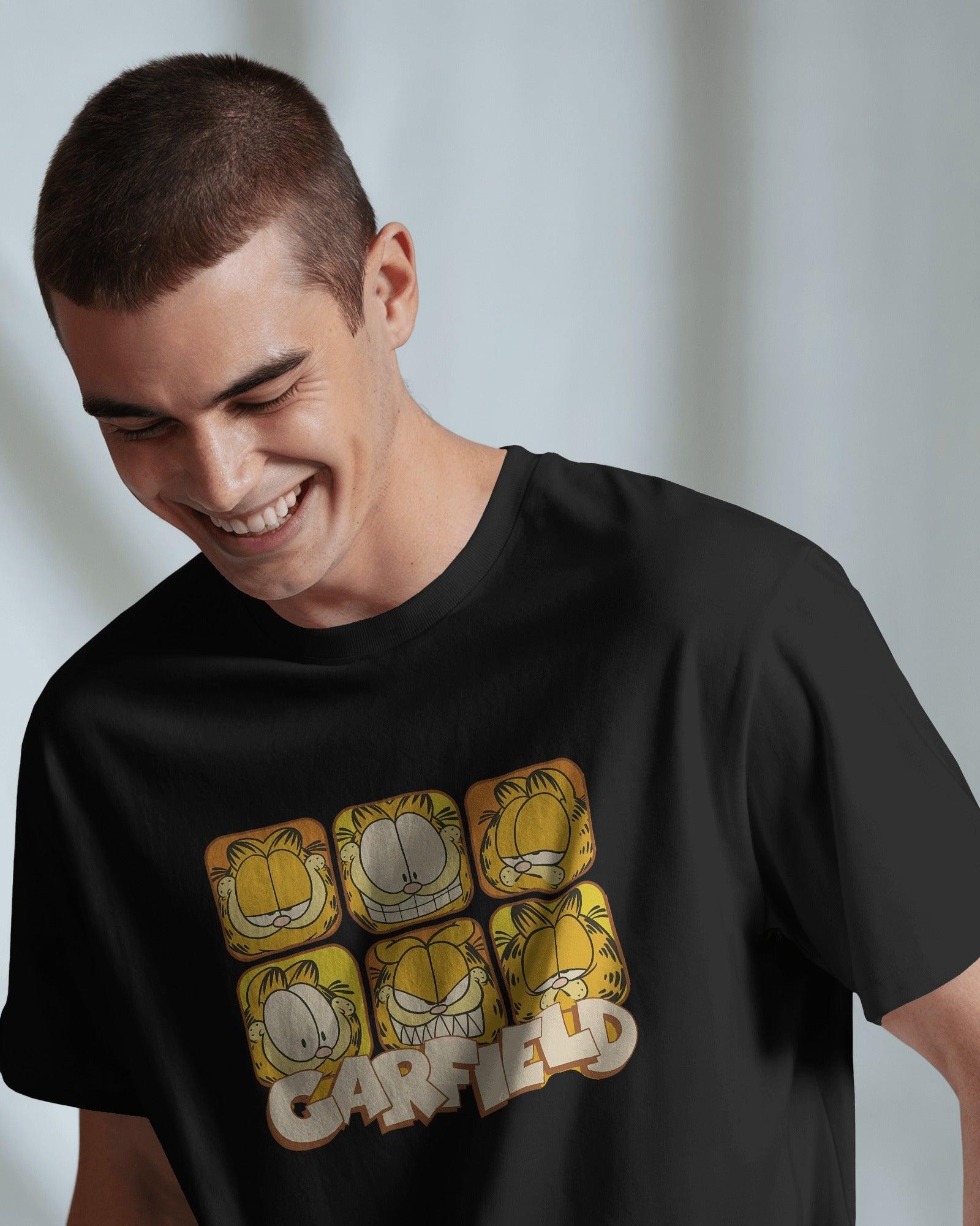 Black oversized t-shirt featuring a bold Garfield graphic print. Made from premium cotton, this t-shirt offers a relaxed fit, soft comfort, and a stylish streetwear vibe