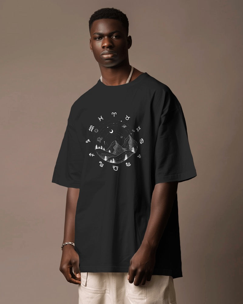 Black oversized t-shirt from Nitorious Atelier featuring a detailed topographic print. Made from premium cotton, this stylish piece offers a comfortable and trendy fit.