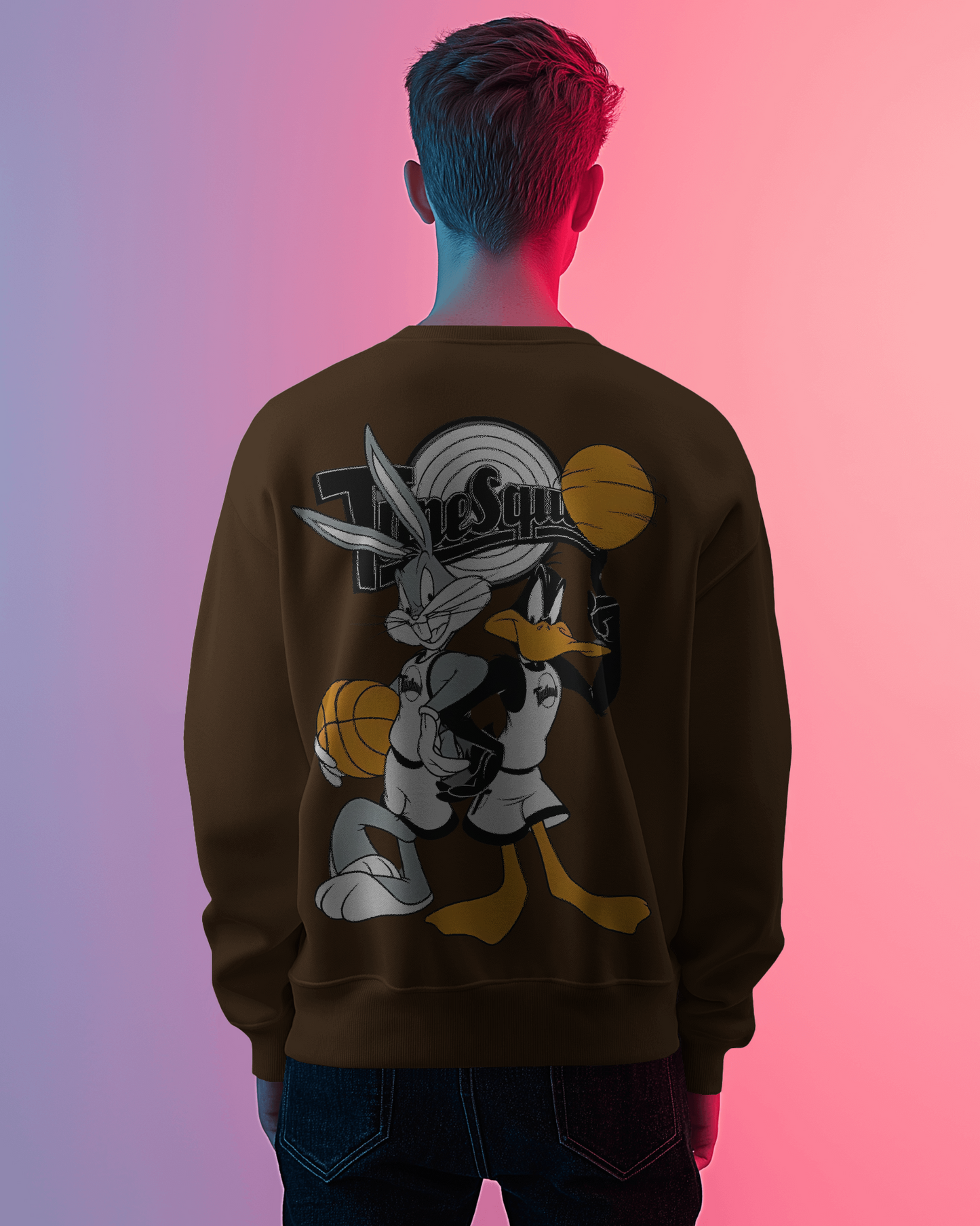 Brown Looney Tunes Sweatshirt from Nitorious Atelier featuring vibrant prints of classic Looney Tunes characters on a warm, earthy background. Made from premium fabric, this sweatshirt offers a relaxed fit and comfortable feel, adding a playful touch to casual outfits.