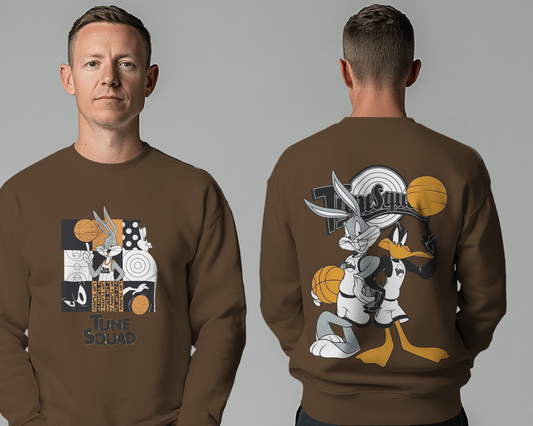 Brown Looney Tunes Sweatshirt from Nitorious Atelier featuring vibrant prints of classic Looney Tunes characters on a warm, earthy background. Made from premium fabric, this sweatshirt offers a relaxed fit and comfortable feel, adding a playful touch to casual outfits.