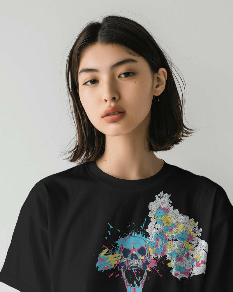 An oversized, color skull Printed tee from Nitorious Atelier, offering comfort and style in equal measure.