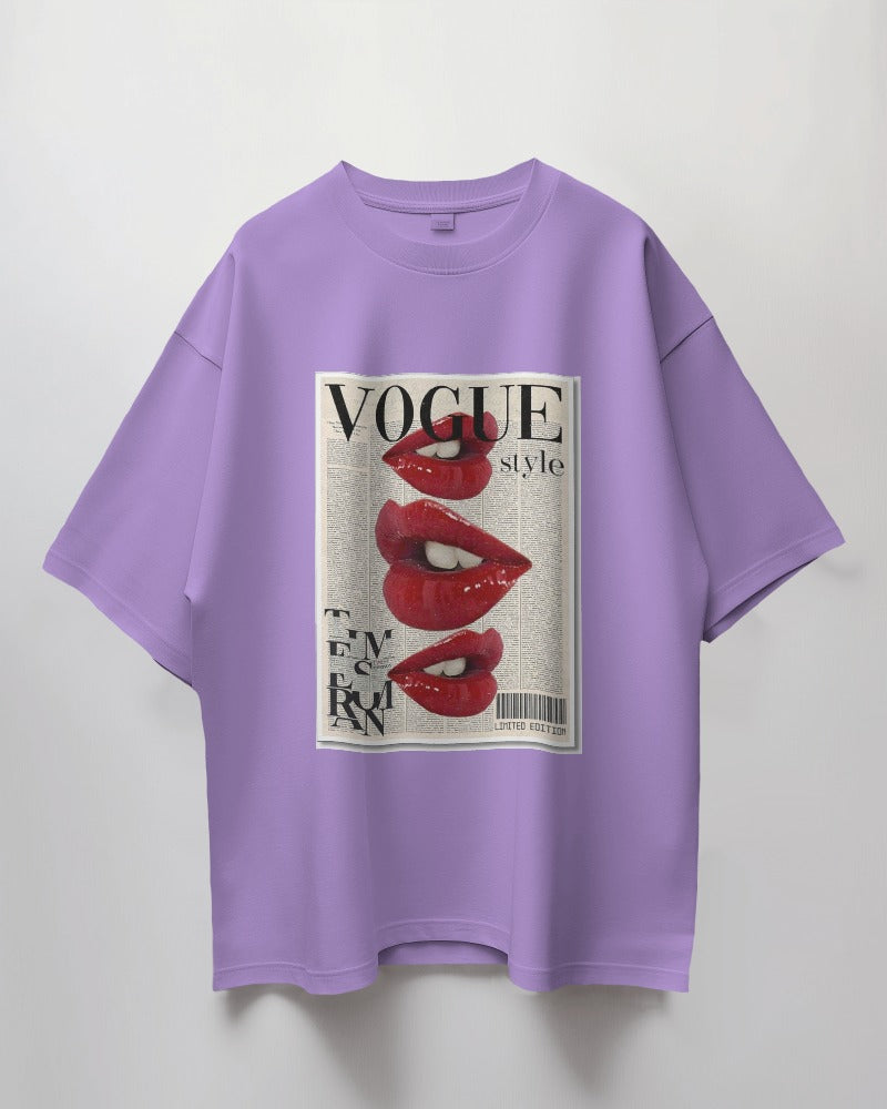 Vogue printed oversized t-shirt in lavender from Nitorious Atelier featuring a chic and stylish Vogue graphic. Made from premium cotton, this t-shirt offers both comfort and a trendy look