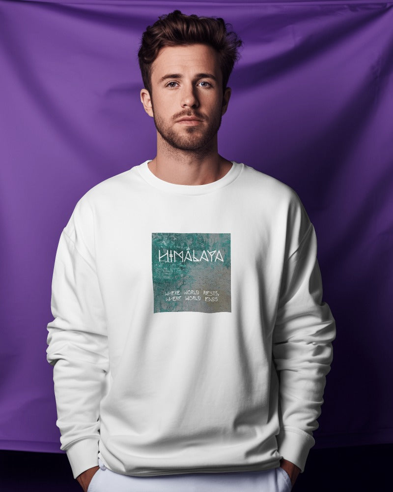 Nitorious Atelier heavy gauge Luxe sweatshirt in white with Himalaya print, crafted from premium fabric for warmth and durability. Features a detailed mountain design, perfect for a stylish, cozy look during colder days