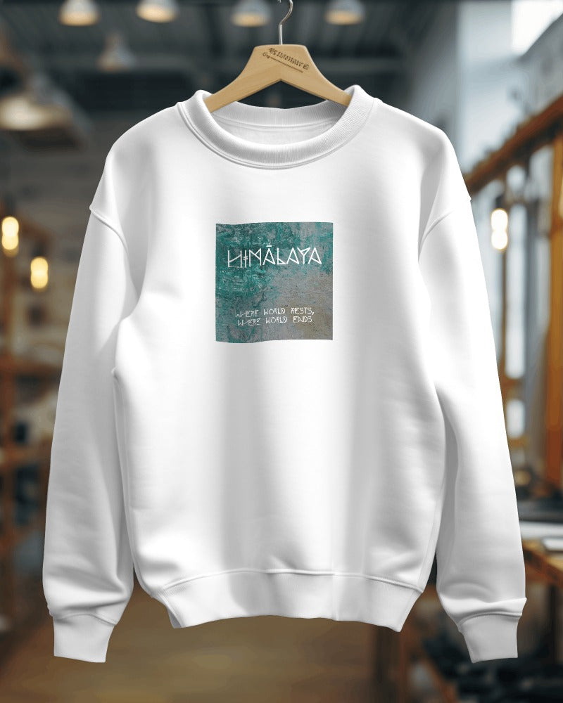 Nitorious Atelier heavy gauge Luxe sweatshirt in white with Himalaya print, crafted from premium fabric for warmth and durability. Features a detailed mountain design, perfect for a stylish, cozy look during colder days