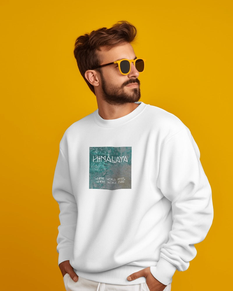 Nitorious Atelier heavy gauge Luxe sweatshirt in white with Himalaya print, crafted from premium fabric for warmth and durability. Features a detailed mountain design, perfect for a stylish, cozy look during colder days