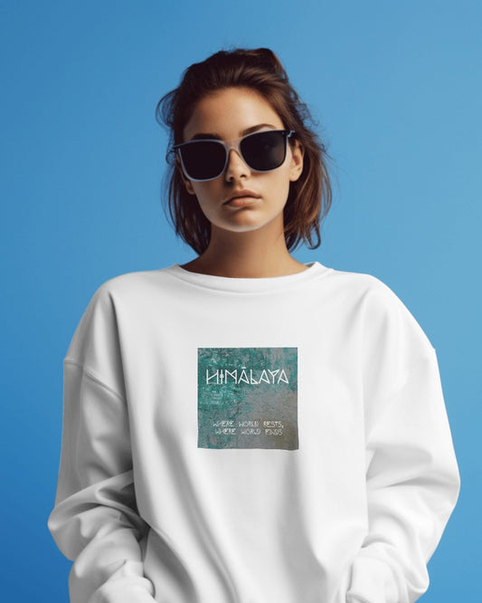 Nitorious Atelier heavy gauge Luxe sweatshirt in white with Himalaya print, crafted from premium fabric for warmth and durability. Features a detailed mountain design, perfect for a stylish, cozy look during colder days