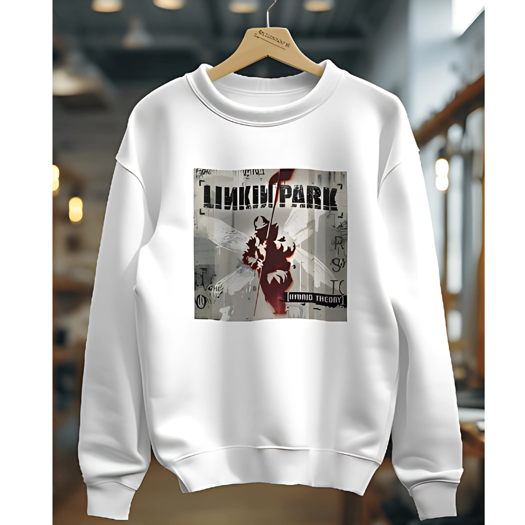 White Linkin Park sweatshirt from Nitorious Atelier featuring a striking graphic inspired by the legendary band. Made from high-quality cotton, this sweatshirt provides a comfortable and stylish fit, perfect for music lovers