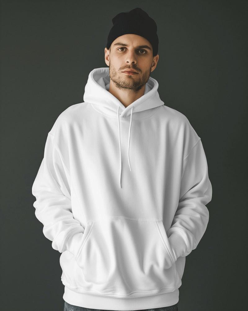 Nitorious Atelier white Luxe hoodie made from premium cotton fleece, offering a clean, modern look with ultimate comfort. This hoodie provides a cozy fit and a minimalist design, perfect for stylish, everyday wear.