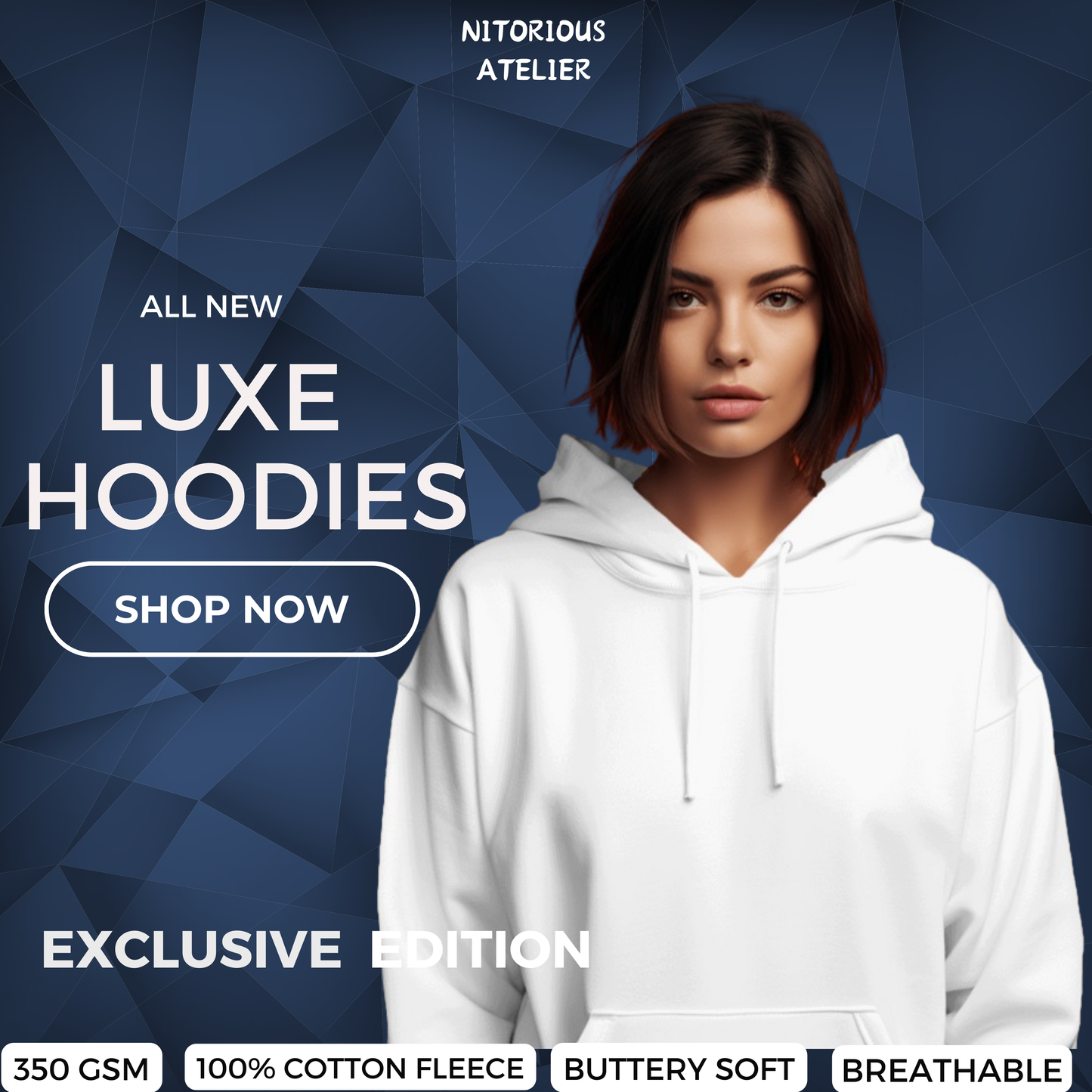 Nitorious Atelier white Luxe hoodie made from premium cotton fleece, offering a clean, modern look with ultimate comfort. This hoodie provides a cozy fit and a minimalist design, perfect for stylish, everyday wear.