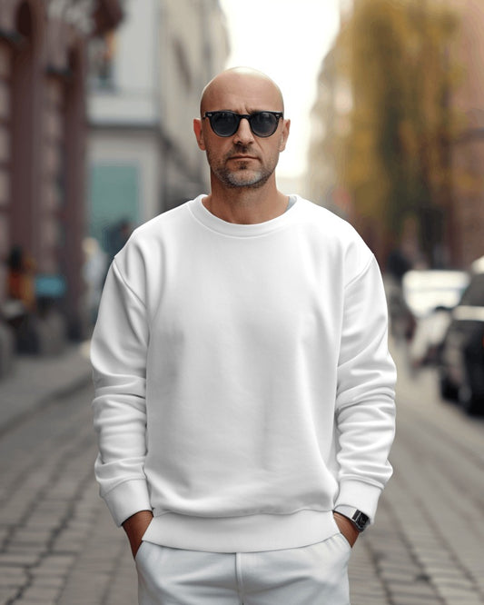 Nitorious Atelier white Luxe Sweatshirt featuring a minimalist design with premium cotton fabric. This stylish and cozy sweatshirt offers a luxurious feel and a perfect fit for all-day comfort.