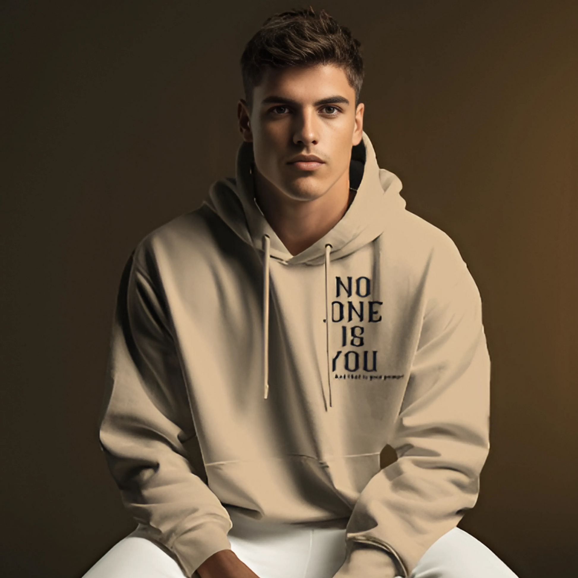 Beige printed hoodie from Nitorious Atelier featuring a sleek, minimalistic graphic design on the front. Crafted from premium cotton fleece, this hoodie provides a cozy fit and a modern, understated look