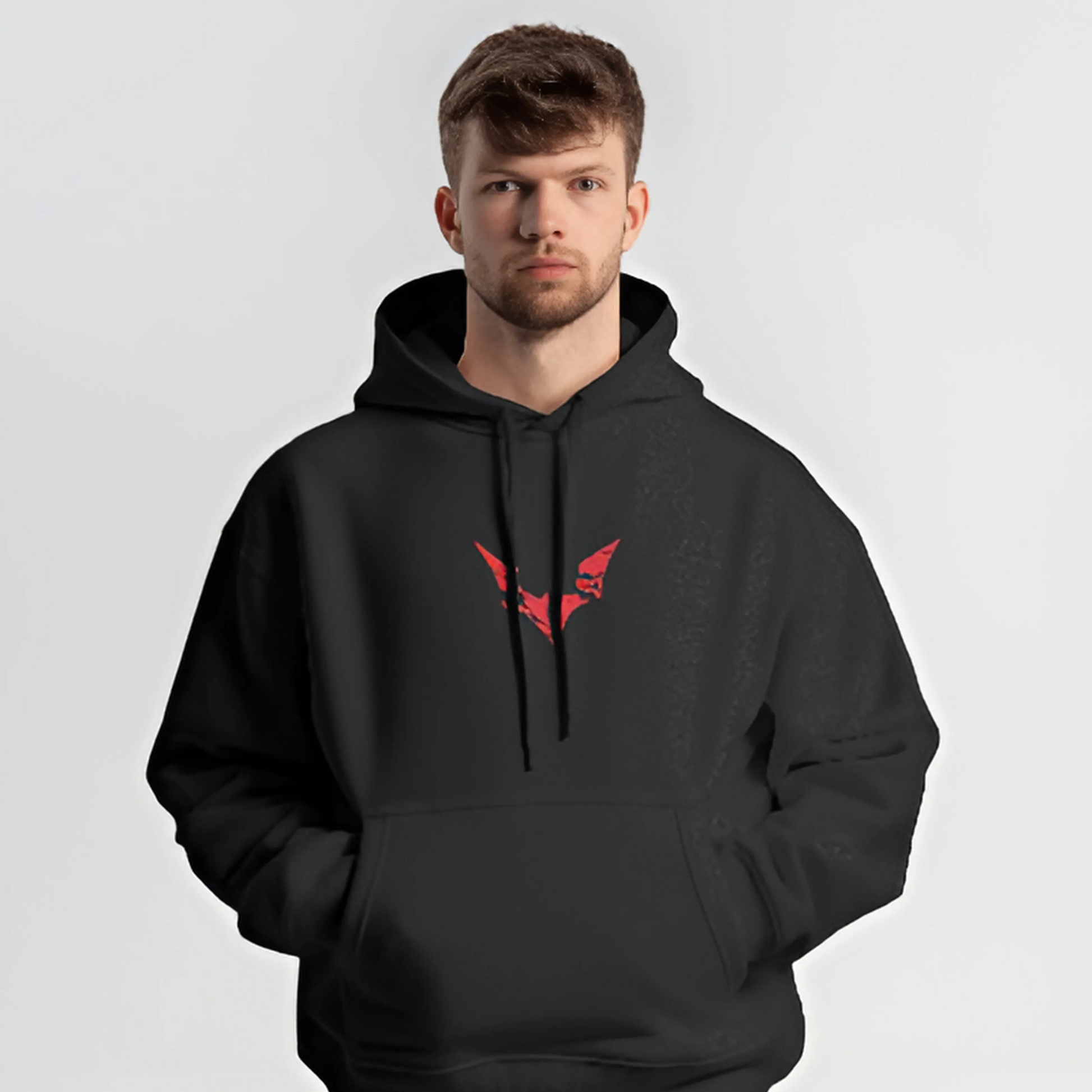 Black Batman printed hoodie from Nitorious Atelier featuring a bold Batman logo on the chest. Made from premium cotton fleece, this hoodie offers comfort, warmth, and a stylish superhero vibe.