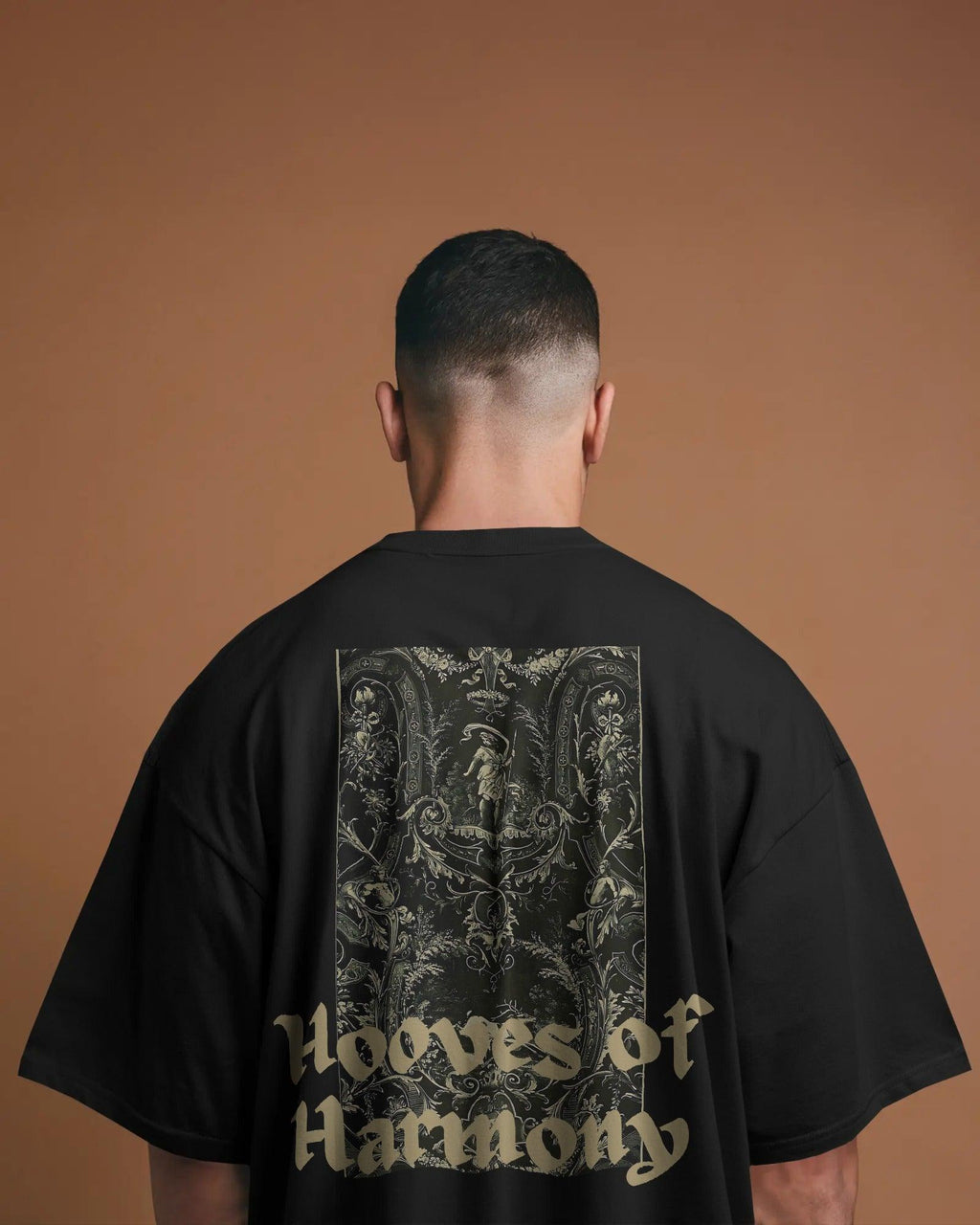 Kilin Harmony Black Oversized T-shirt from Nitorious Atelier featuring a bold harmony-themed graphic. Made from premium cotton for all-day comfort and an elevated streetwear look.