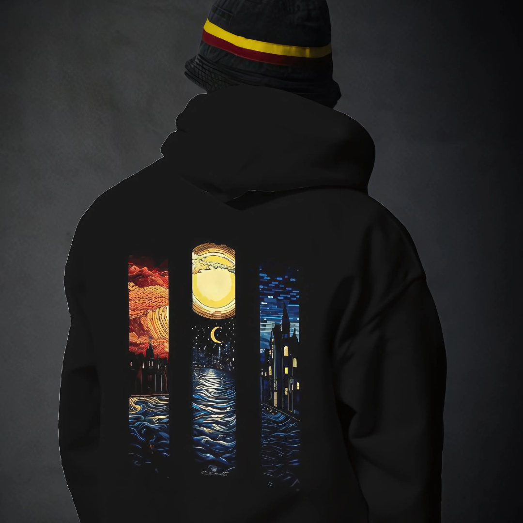 Nitorious Black Printed Luxe Hoodie from Nitorious Atelier, featuring a bold graphic print on premium cotton fleece. This hoodie offers a luxurious, cozy fit with a stylish design, perfect for elevating casual looks.