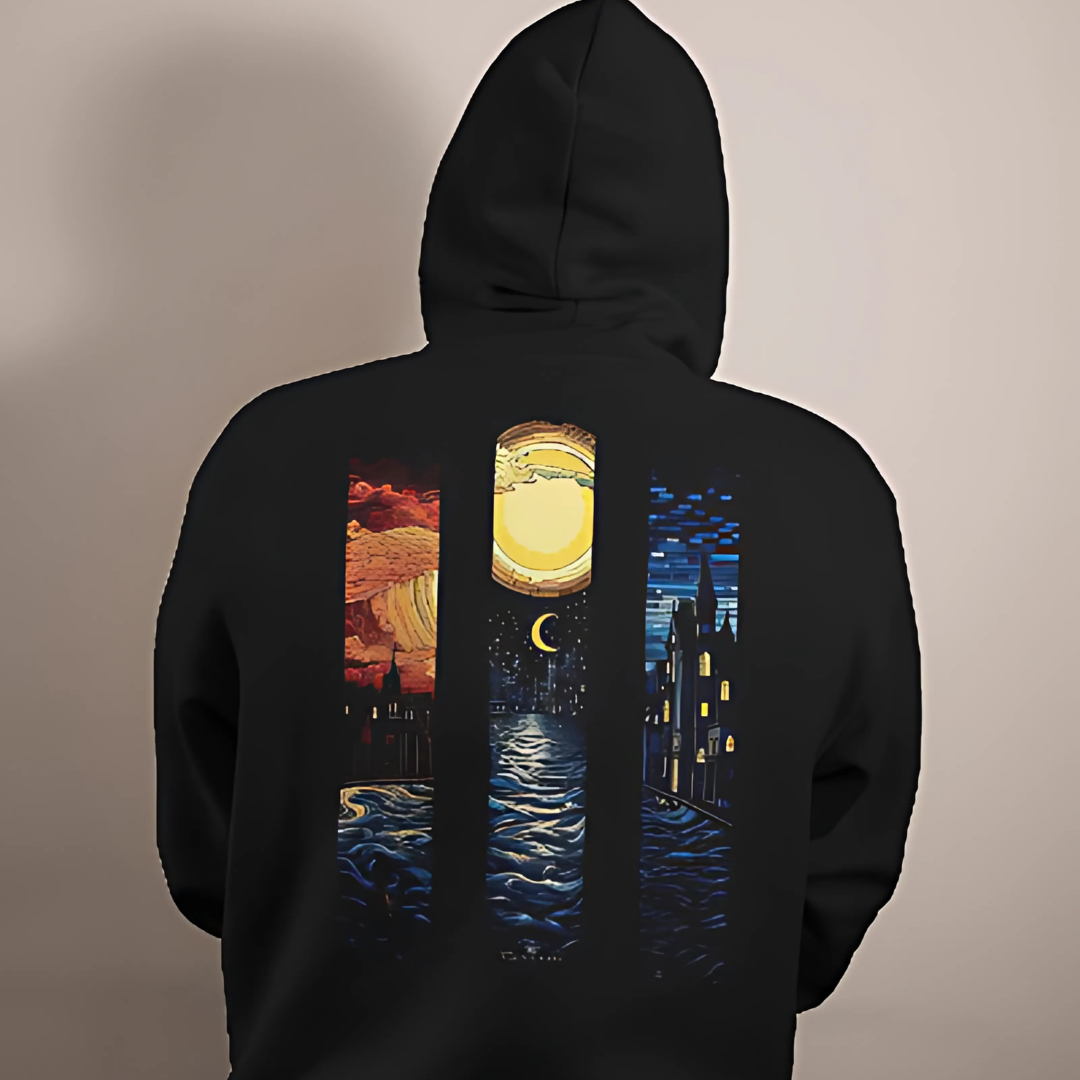 Nitorious Black Printed Luxe Hoodie from Nitorious Atelier, featuring a bold graphic print on premium cotton fleece. This hoodie offers a luxurious, cozy fit with a stylish design, perfect for elevating casual looks.