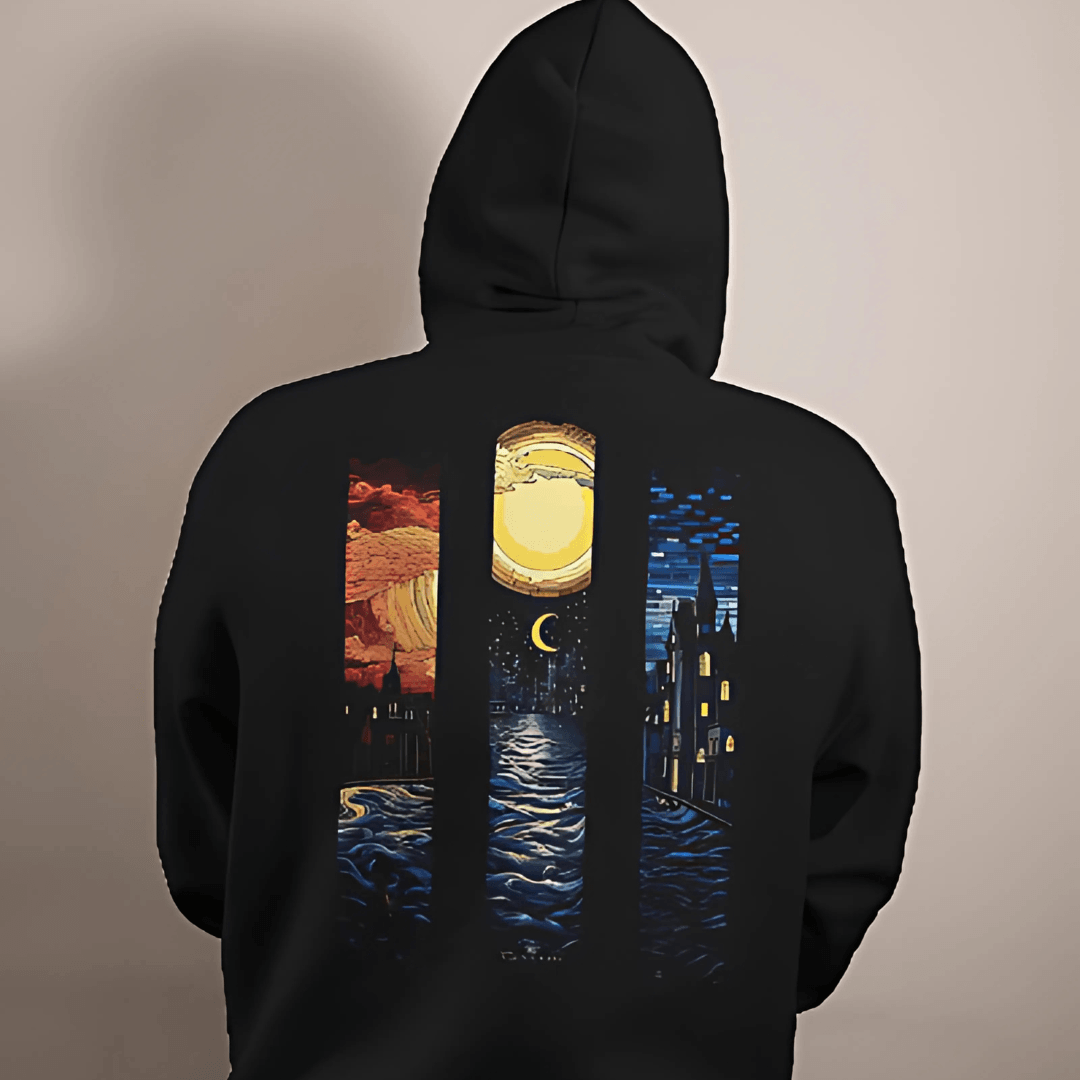 Nitorious Black Printed Luxe Hoodie from Nitorious Atelier, featuring a bold graphic print on premium cotton fleece. This hoodie offers a luxurious, cozy fit with a stylish design, perfect for elevating casual looks.