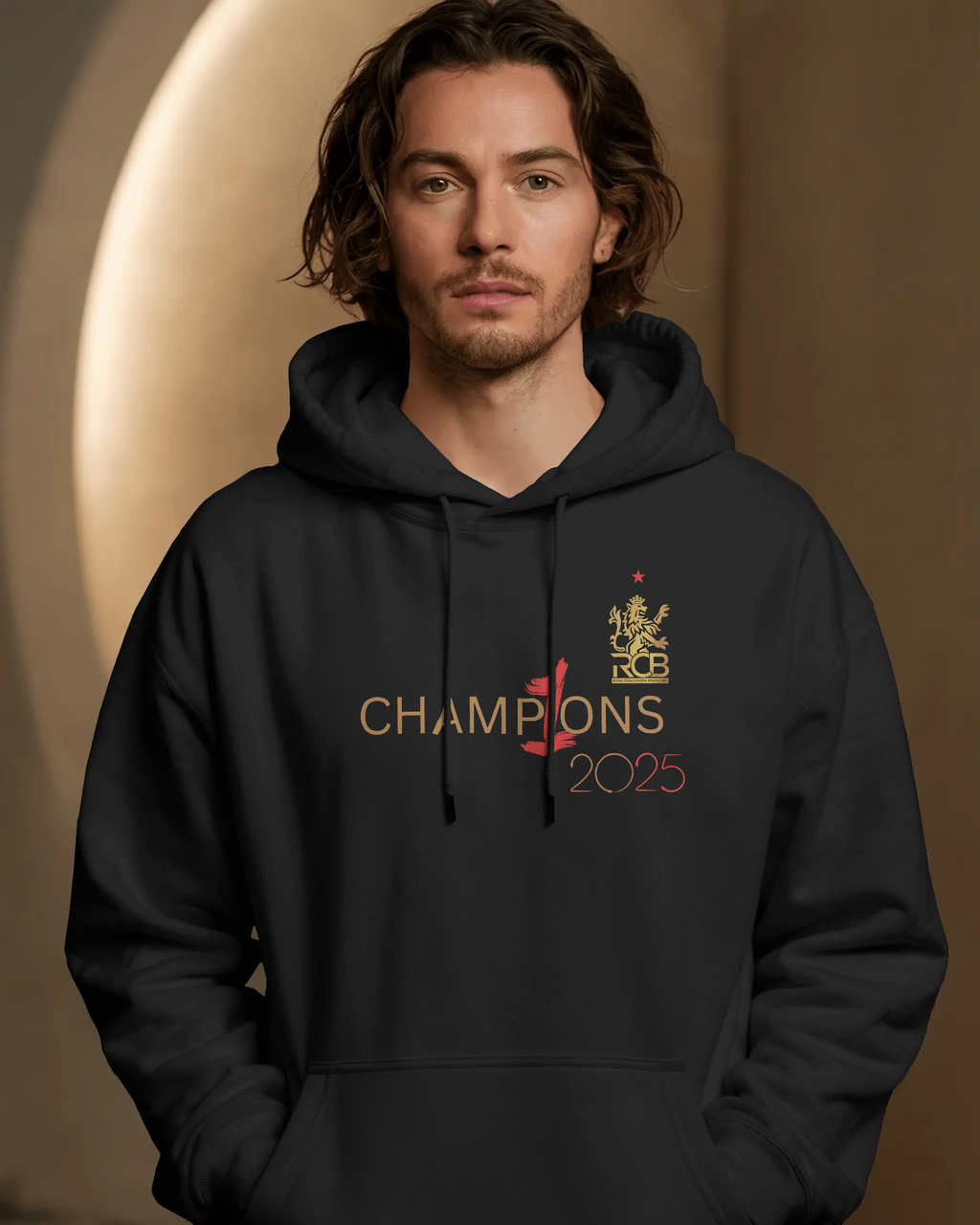 RCB Champions Luxe Hoodie in rich black, celebrating Royal Challengers Bangalore’s iconic victory. Crafted from premium cotton fleece, it features a detailed champion-themed graphic, cosy fit, and a high-quality finish for ultimate comfort and fan pride.