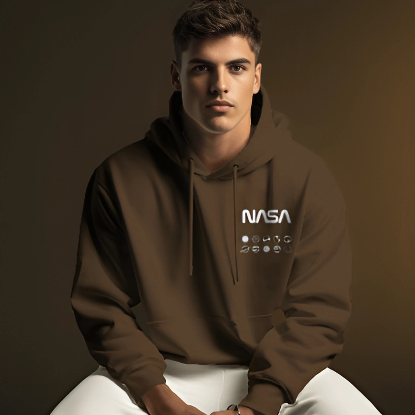 NASA brown hoodie from Nitorious Atelier crafted from premium cotton fleece. This cozy hoodie showcases the iconic NASA logo on the front, combining a sleek design with a comfortable, relaxed fit. Ideal for everyday wear and space lovers alike.