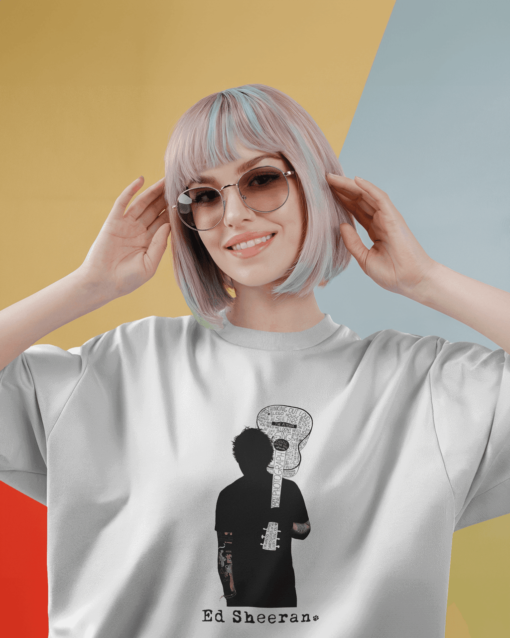 Ed Sheeran Guitar Photo White Oversized T-shirt by Nitorious Atelier. Featuring a striking photo of Ed Sheeran with his guitar, this white oversized t-shirt is crafted from premium cotton, offering ultimate comfort and a stylish fit for music fans and casual wear lovers.