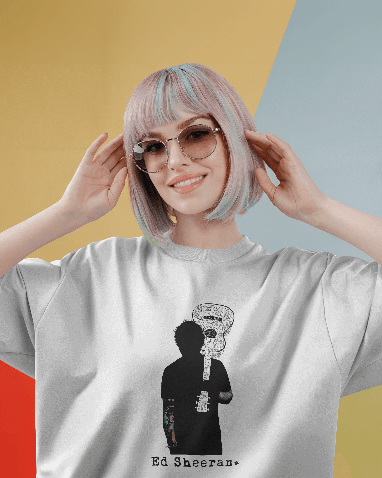 Ed Sheeran Guitar Photo White Oversized T-shirt by Nitorious Atelier. Featuring a striking photo of Ed Sheeran with his guitar, this white oversized t-shirt is crafted from premium cotton, offering ultimate comfort and a stylish fit for music fans and casual wear lovers.