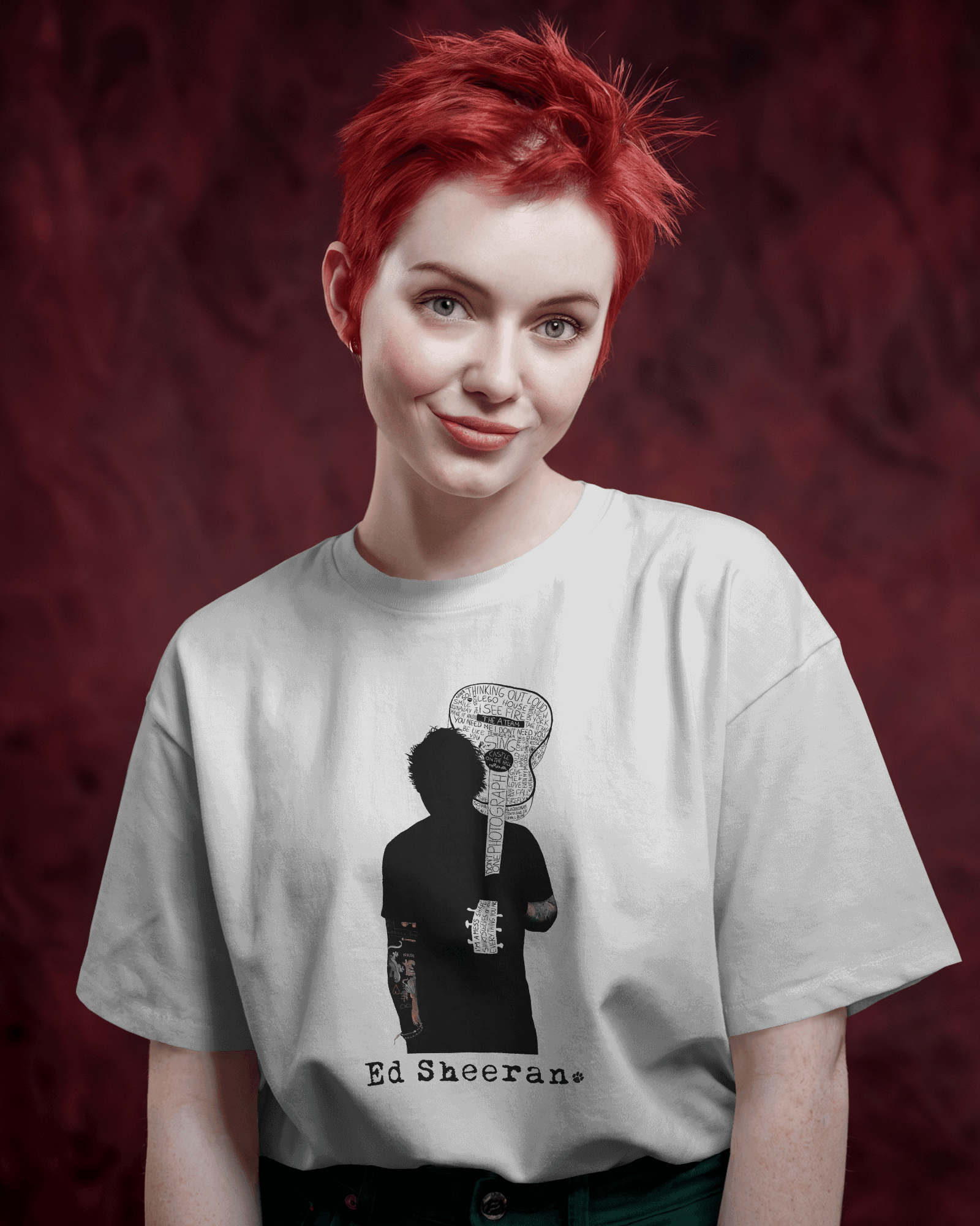 Ed Sheeran Guitar Photo White Oversized T-shirt by Nitorious Atelier. Featuring a striking photo of Ed Sheeran with his guitar, this white oversized t-shirt is crafted from premium cotton, offering ultimate comfort and a stylish fit for music fans and casual wear lovers.