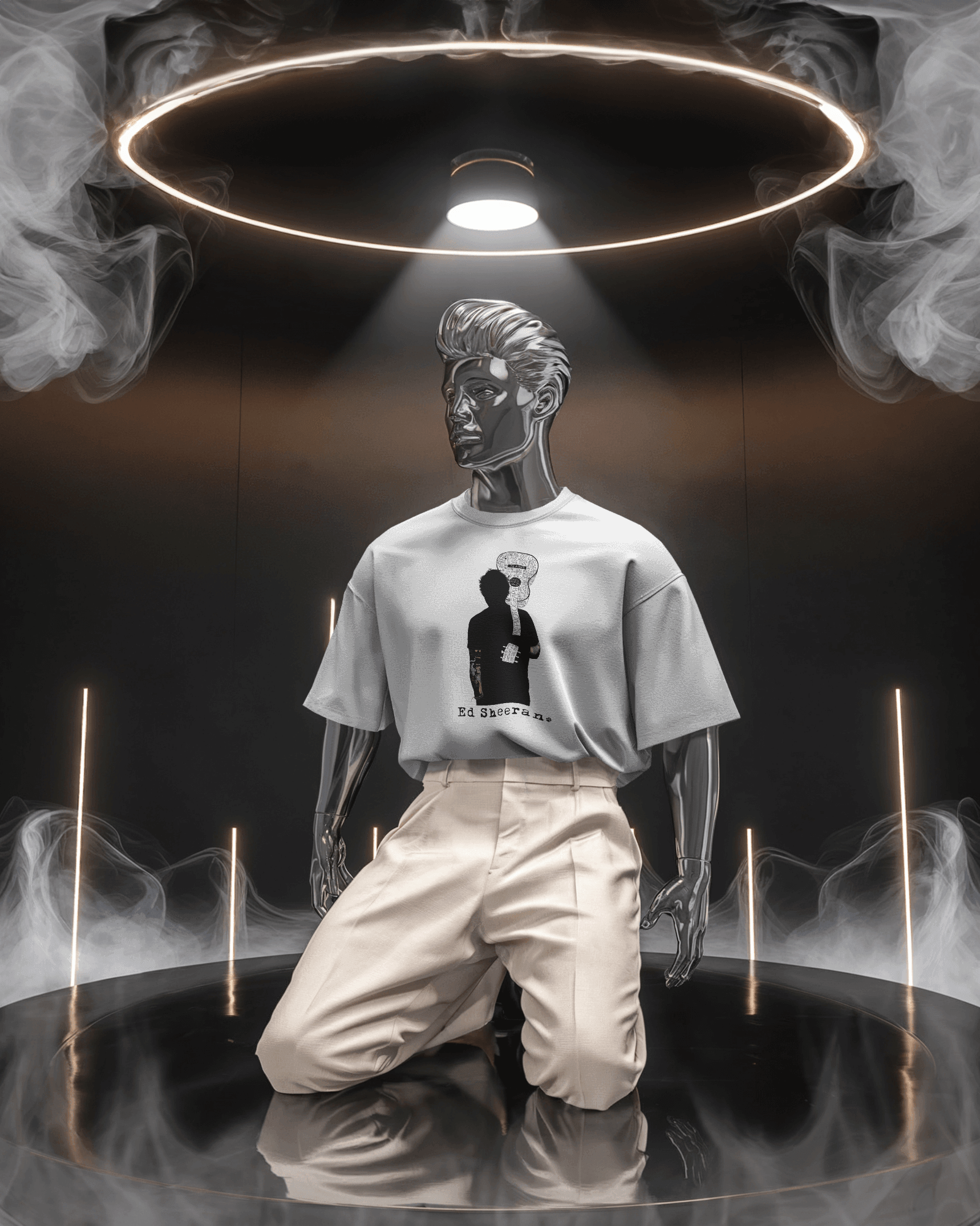 Ed Sheeran Guitar Photo White Oversized T-shirt by Nitorious Atelier. Featuring a striking photo of Ed Sheeran with his guitar, this white oversized t-shirt is crafted from premium cotton, offering ultimate comfort and a stylish fit for music fans and casual wear lovers.