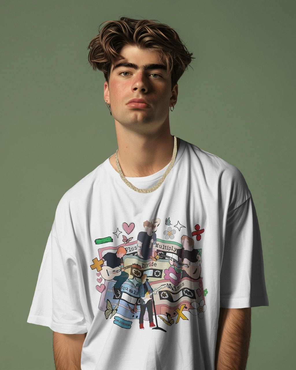 Ed Sheeran Mathematics Tour White Oversized T-shirt by Nitorious Atelier. This white t-shirt features a bold graphic inspired by Ed Sheeran's Mathematics Tour. Designed in a premium cotton fabric with a trendy oversized fit, it's perfect for fans and casual wear enthusiasts alike.