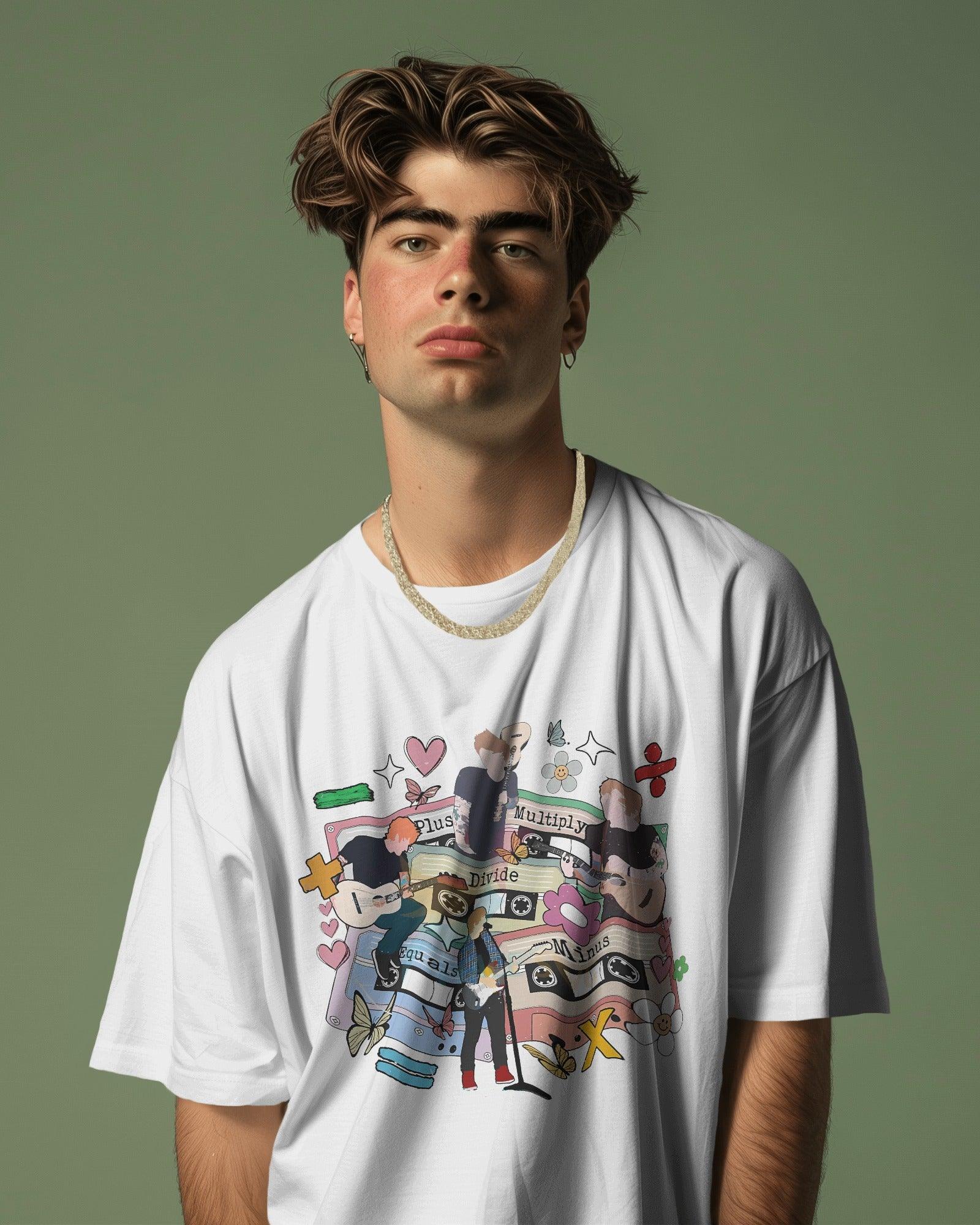 Ed Sheeran Mathematics Tour White Oversized T-shirt by Nitorious Atelier. This white t-shirt features a bold graphic inspired by Ed Sheeran's Mathematics Tour. Designed in a premium cotton fabric with a trendy oversized fit, it's perfect for fans and casual wear enthusiasts alike.