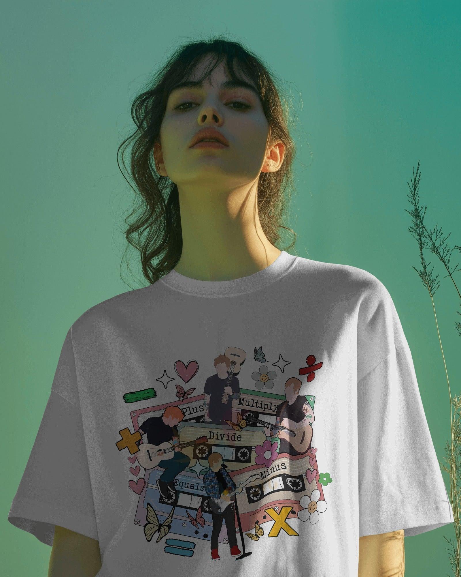 Ed Sheeran Mathematics Tour White Oversized T-shirt by Nitorious Atelier. This white t-shirt features a bold graphic inspired by Ed Sheeran's Mathematics Tour. Designed in a premium cotton fabric with a trendy oversized fit, it's perfect for fans and casual wear enthusiasts alike.