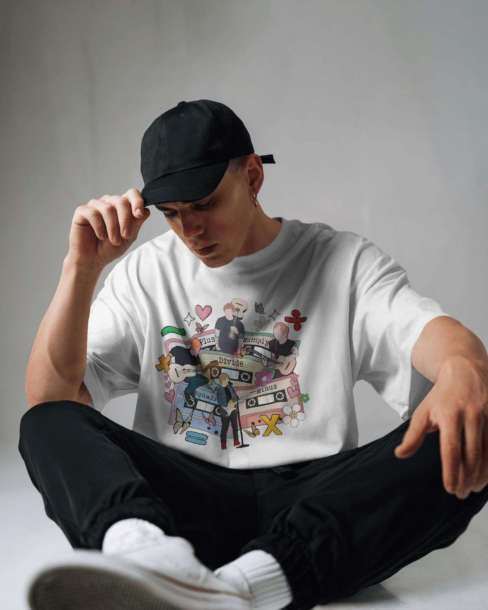 Ed Sheeran Mathematics Tour White Oversized T-shirt by Nitorious Atelier. This white t-shirt features a bold graphic inspired by Ed Sheeran's Mathematics Tour. Designed in a premium cotton fabric with a trendy oversized fit, it's perfect for fans and casual wear enthusiasts alike.