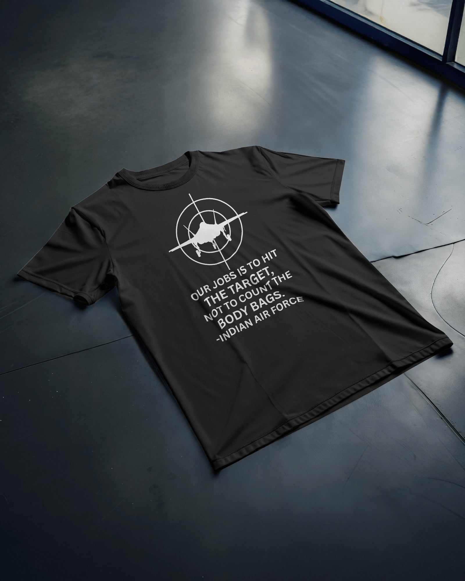 Indian Air Force-themed t-shirt by Nitorious Atelier featuring a bold fighter jet graphic and patriotic design. Made from premium cotton for comfort and durability, perfect for aviation enthusiasts and supporters of the armed forces