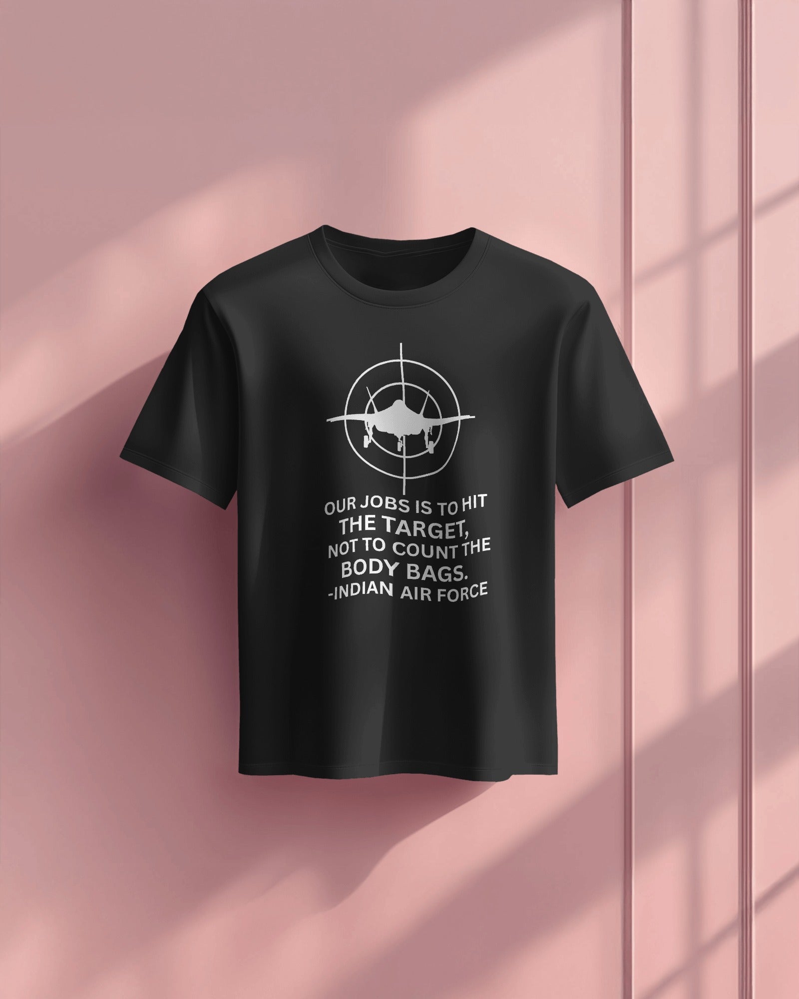Indian Air Force-themed t-shirt by Nitorious Atelier featuring a bold fighter jet graphic and patriotic design. Made from premium cotton for comfort and durability, perfect for aviation enthusiasts and supporters of the armed forces