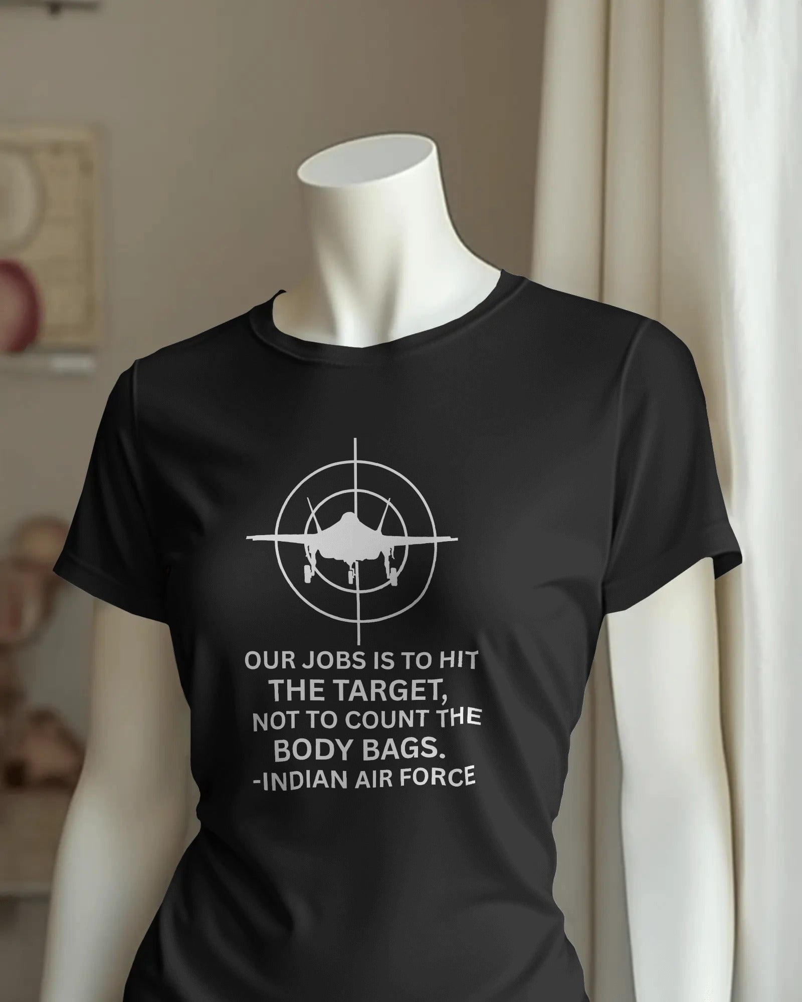 Indian Air Force-themed t-shirt by Nitorious Atelier featuring a bold fighter jet graphic and patriotic design. Made from premium cotton for comfort and durability, perfect for aviation enthusiasts and supporters of the armed forces